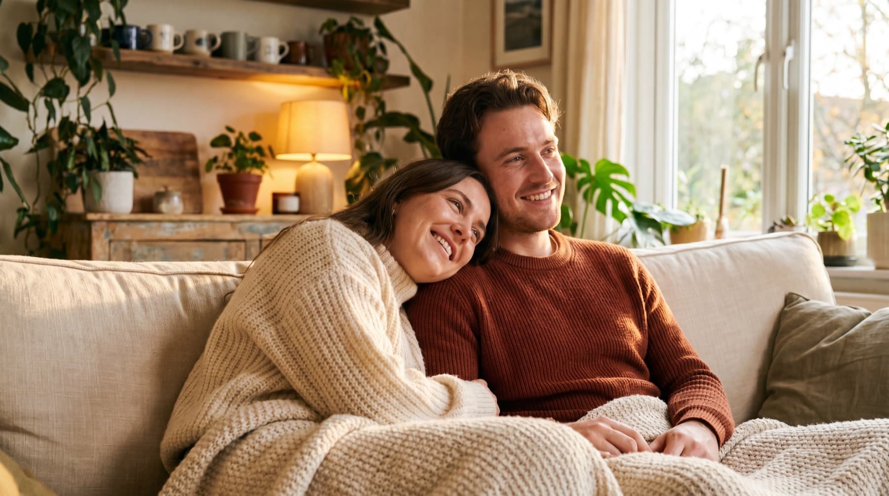 Paar mit warmem Lächeln, eng zusammen auf einer Kuschelcouch
